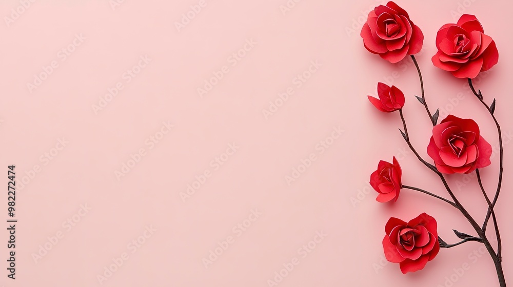 Paper cut red rose flowers of blooming branch in right corner on minimal pink background with empty copy space for text. Greeting card mock up banner Paper cut red rose flowers of blooming branch in right corner on minimal pink background with empty copy space for text. Greeting card mock up banner