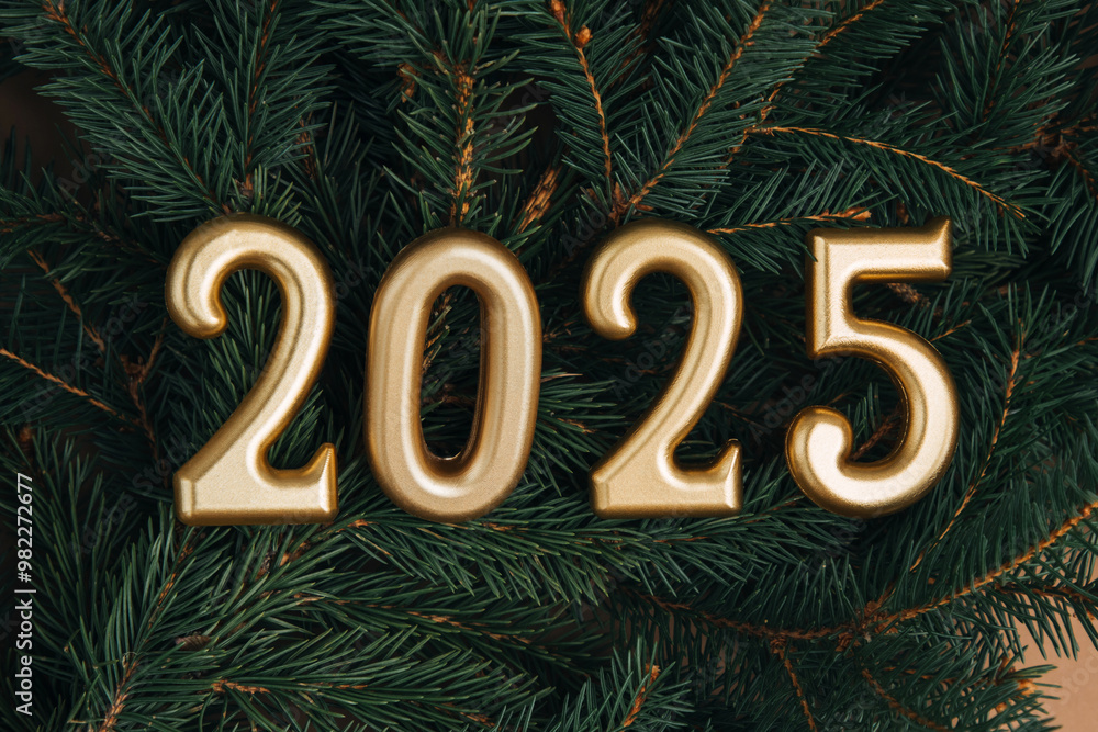 Greeting Christmas, new year's background. Golden figures, numbers 2025 on a green pine branches. Top view Greeting Christmas, new year's background. Golden figures, numbers 2025 on a green pine branches. Top view