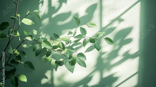 Green Leaves Cast Shadows on a Green Wall