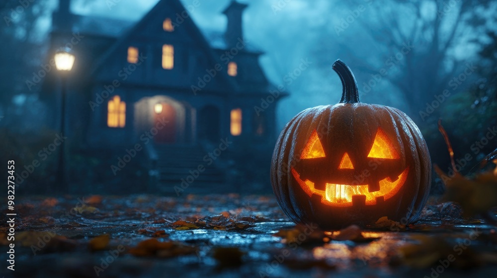 Halloween pumpkin with candlelight in front of a haunted house background, Halloween pumpkin with candlelight in front of a haunted house background,