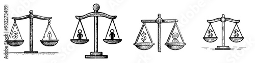 Doodle illustration of a hand holding money and a human on a weight scale symbolizing equality photo