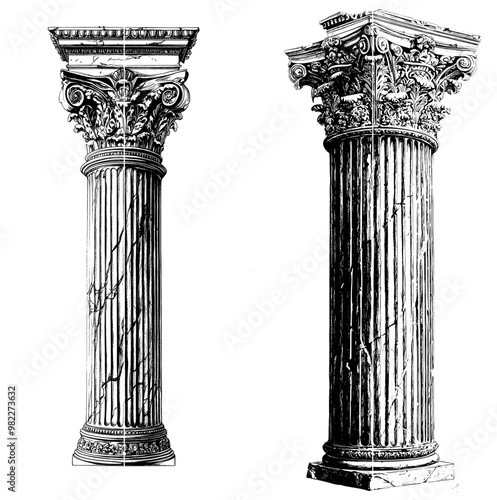 An antique vintage pillar column with an engraved illustration isolated on a white background