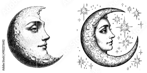 Isolated white smiling moon vintage engraved illustration