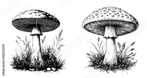 Isolated vintage mushroom with engraved design on transparent background