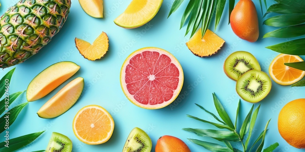 A colorful fruit salad with a grapefruit slice in the middle. The fruit salad is arranged on a blue background
