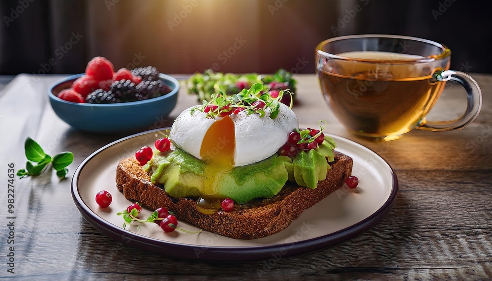 Delicious Poached Egg Avocado Toast with Berries and Tea Delicious Poached Egg Avocado Toast with Berries and Tea