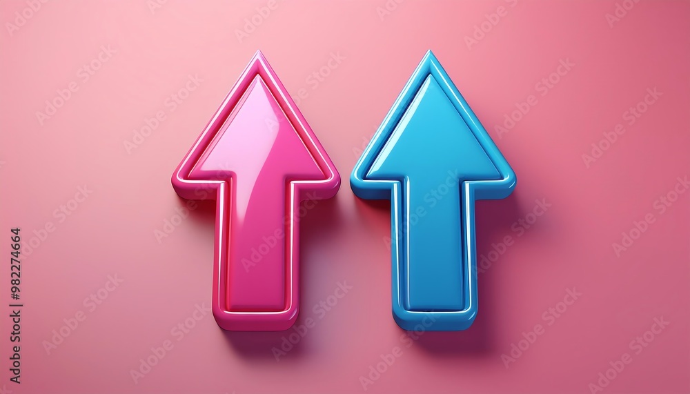 Two glossy arrows, one pink and one blue, pointing upward against a soft pink background, representing growth and progress. Two glossy arrows, one pink and one blue, pointing upward against a soft pink background, representing growth and progress.