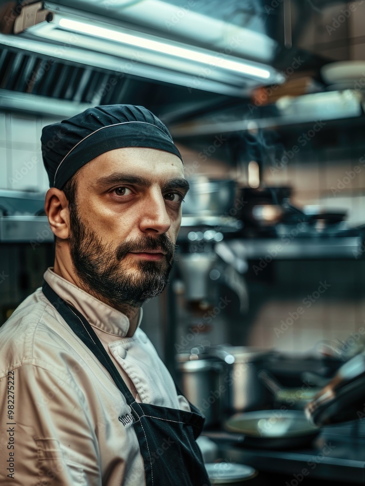 A chef is standing in a kitchen with a pot on the stove. He is wearing a black hat and apron A chef is standing in a kitchen with a pot on the stove. He is wearing a black hat and apron