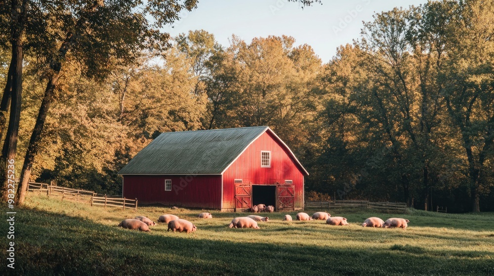 Red Barn and Pigs in a Rural Setting Red Barn and Pigs in a Rural Setting