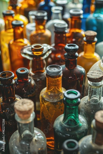 A collection of old bottles with cork stoppers. The bottles are of various colors and sizes, and some of them are empty. Concept of nostalgia and history