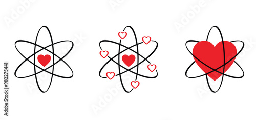 Atom molecule with love, heart icon. Nuclear energy, scientific research and molecular chemistry. Atomic structure, formula - electron, proton, neutron, elementary particle the nucleus of an atom. 