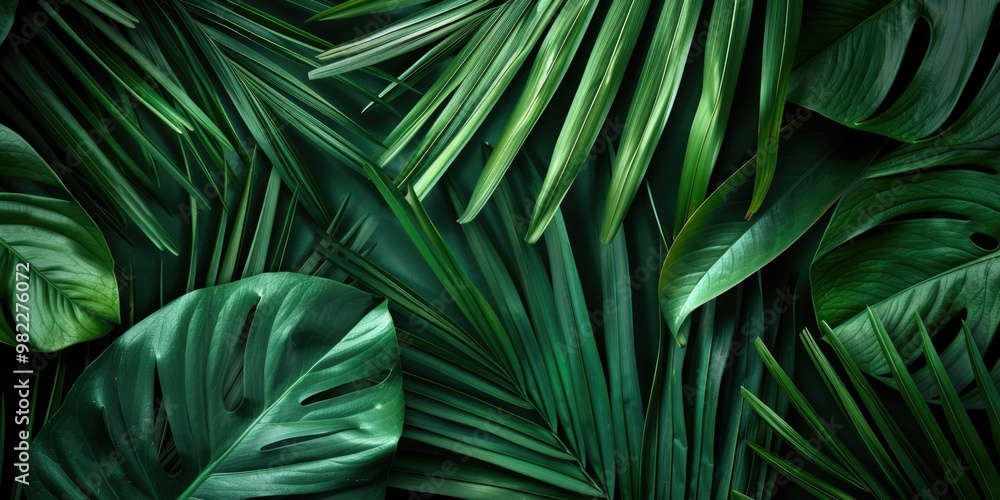 Fototapeta premium A green leafy background with a few leaves in the foreground. The background is lush and green, and the foreground is a mix of green and brown