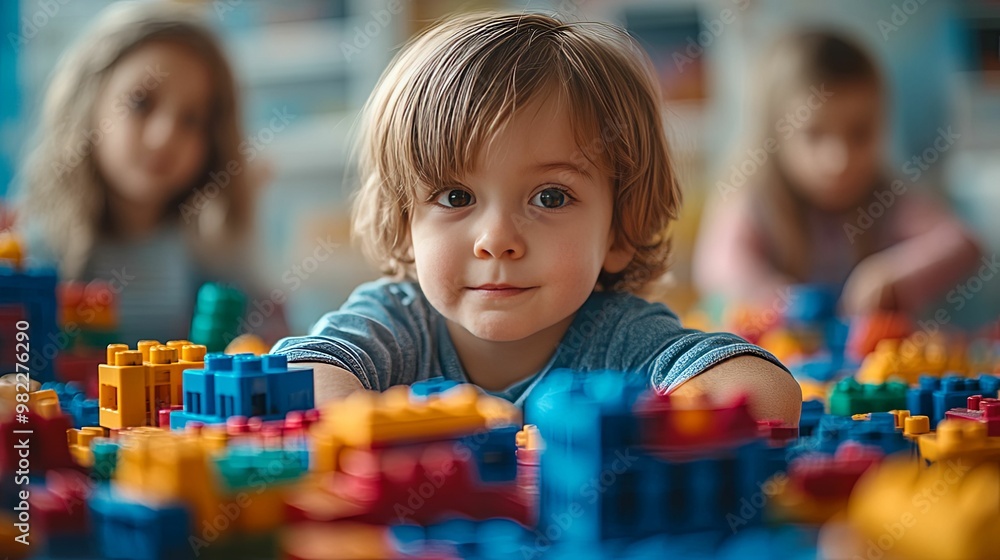 Young Boy Focused on Building with Colorful Plastic Blocks Young Boy Focused on Building with Colorful Plastic Blocks