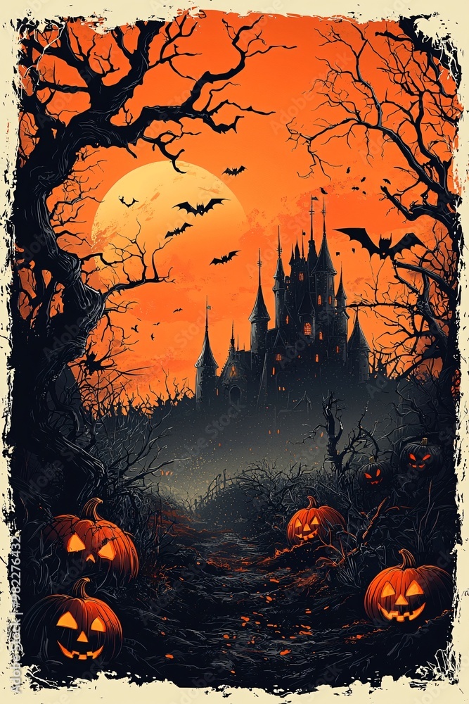 Halloween-themed illustration featuring a spooky castle with grinning pumpkins and bats. Ideal for Halloween invitations or Thanksgiving gatherings with copy space. Halloween-themed illustration featuring a spooky castle with grinning pumpkins and bats. Ideal for Halloween invitations or Thanksgiving gatherings with copy space.
