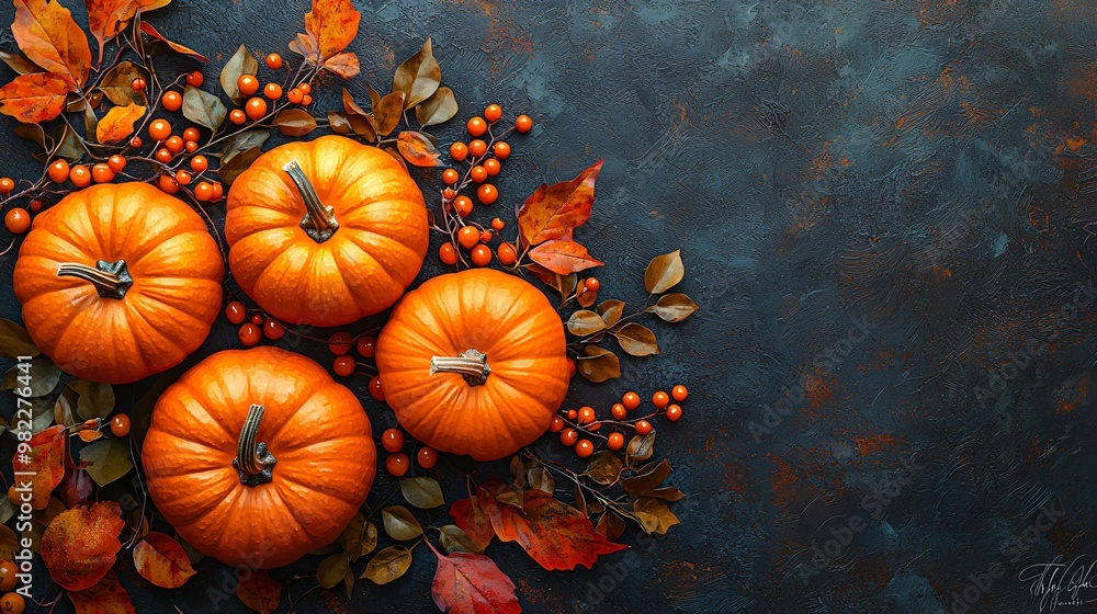 A beautiful arrangement of pumpkins with autumn leaves and berries, ideal for Thanksgiving and Halloween decoration. Features ample copy space for text. A beautiful arrangement of pumpkins with autumn leaves and berries, ideal for Thanksgiving and Halloween decoration. Features ample copy space for text.