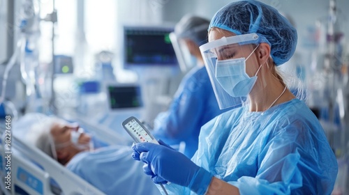 A healthcare worker taking a patient temperature with a digital thermometer in a clinical setting. photo