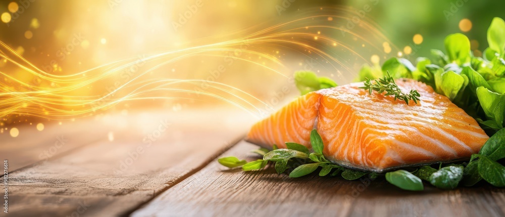 Salmon Fillet on a Bed of Fresh Greens A beautifully grilled salmon fillet with herbs and olive oil Salmon Fillet on a Bed of Fresh Greens A beautifully grilled salmon fillet with herbs and olive oil