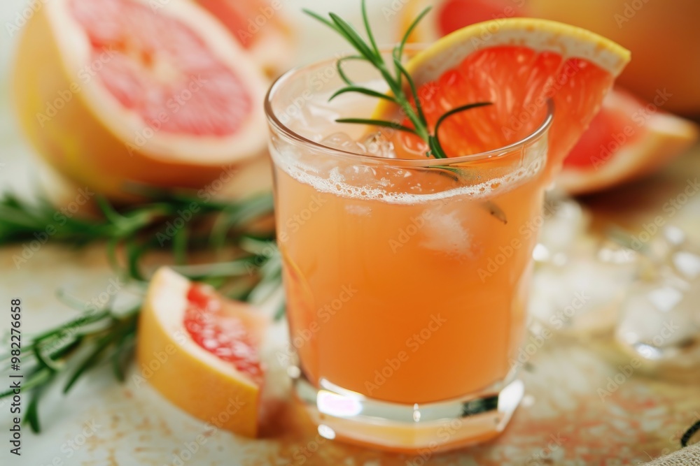 A glass of pink grapefruit juice with a slice of grapefruit on top. The juice is served in a glass with a rosemary garnish A glass of pink grapefruit juice with a slice of grapefruit on top. The juice is served in a glass with a rosemary garnish