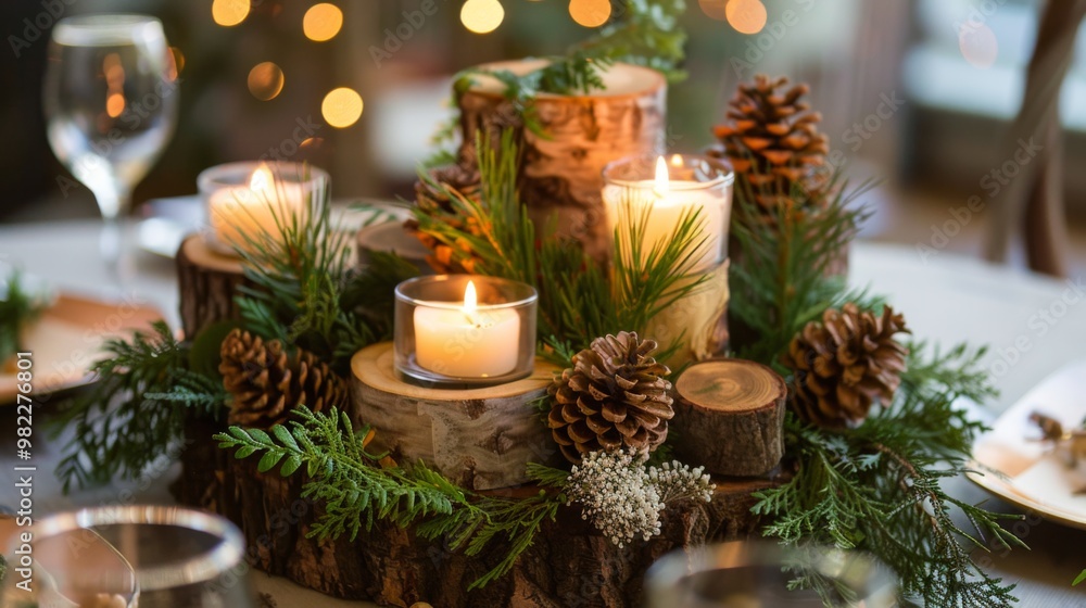 A cozy evening dinner setting featuring a rustic centerpiece with lit candles, pine cones, and evergreen branches. A cozy evening dinner setting featuring a rustic centerpiece with lit candles, pine cones, and evergreen branches.