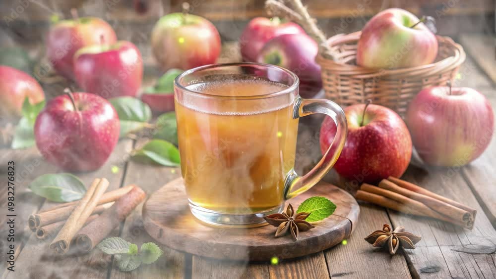 Hot Apple Cider with Cinnamon on Rustic Wooden Table with Fresh Apples in Basket Hot Apple Cider with Cinnamon on Rustic Wooden Table with Fresh Apples in Basket