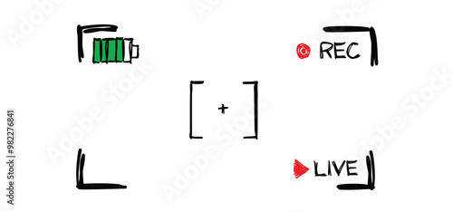 News, live recording, journalist concept. Hand drawn framed snapshot. Mobile phone video camera viewfinder, rec. Cartoon player, microphone, podcast, voice. Reporter take interview, press conference.