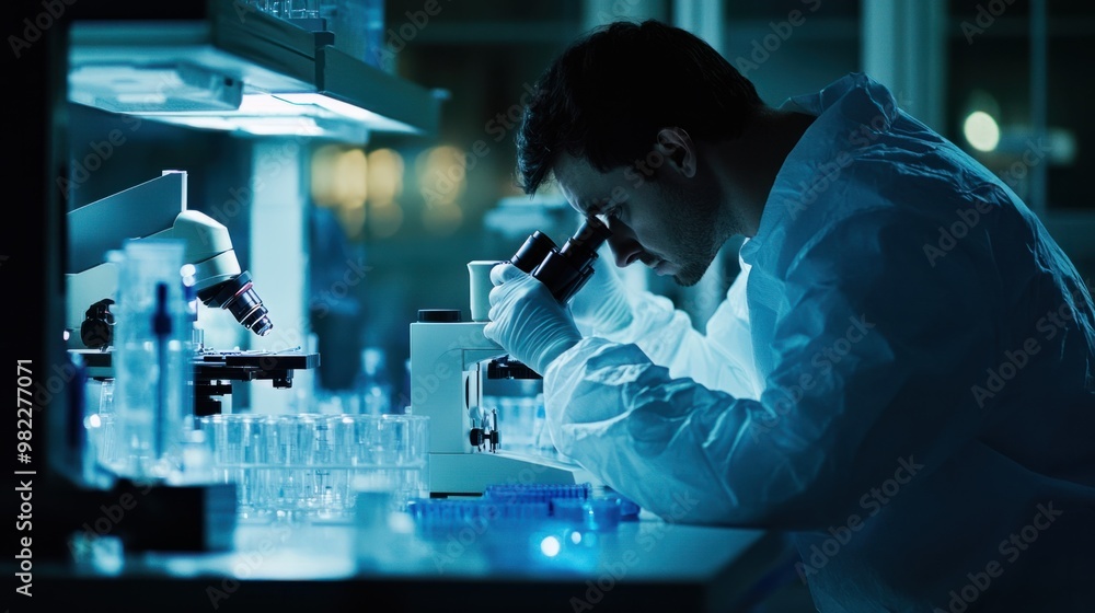 A medical researcher working in a laboratory, examining samples under a microscope. A medical researcher working in a laboratory, examining samples under a microscope.