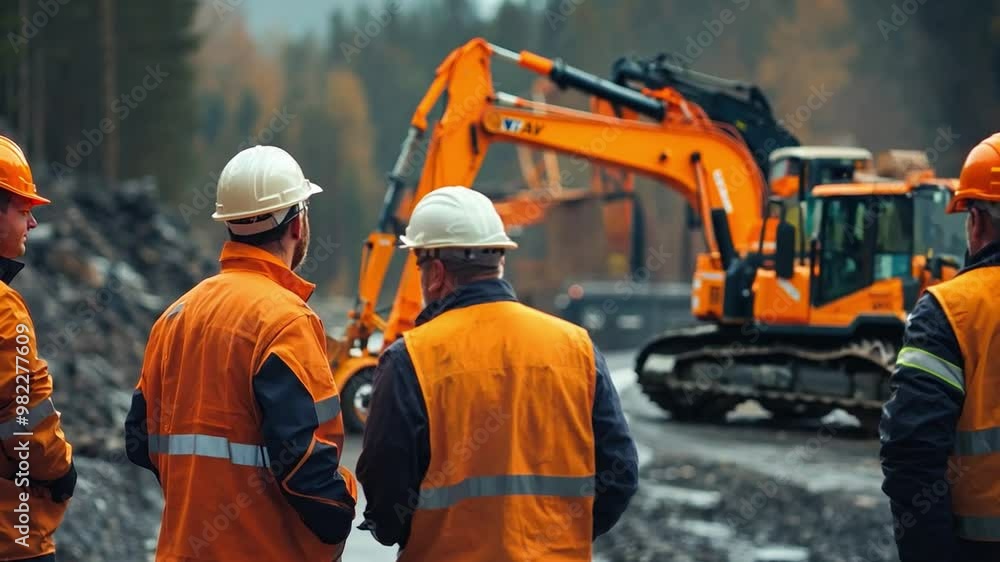 At a road construction site, a group of laborers and civil engineers are organizing and planning their next moves while using obvious construction equipment. At a road construction site, a group of laborers and civil engineers are organizing and planning their next moves while using obvious construction equipment.
