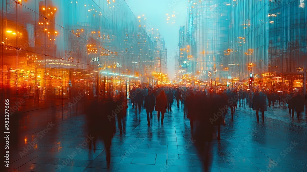 Blurry Silhouettes of People Walking Past a Modern Building at Dusk Blurry Silhouettes of People Walking Past a Modern Building at Dusk