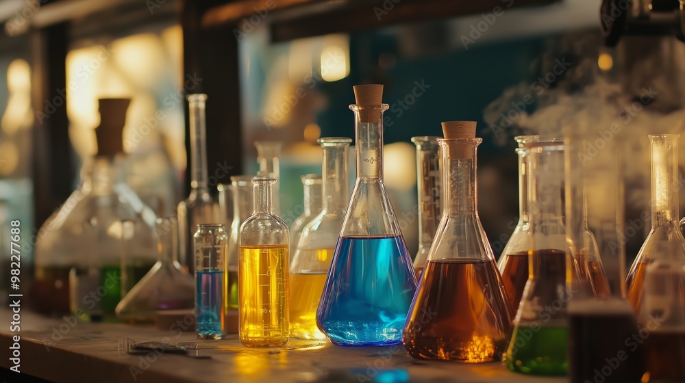 Colorful glass flasks filled with various liquids on a wooden table in a laboratory during the evening hours Colorful glass flasks filled with various liquids on a wooden table in a laboratory during the evening hours