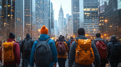 Tourists Walking Through City Street With Tall Buildings in Background