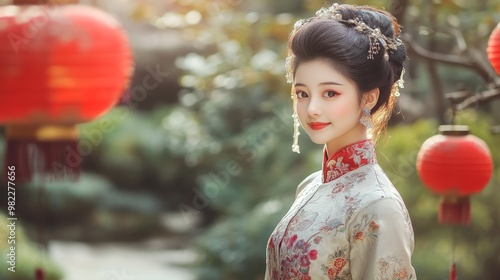 Graceful Chinese Teenager in Qipao at Traditional Garden with Red Lanterns photo