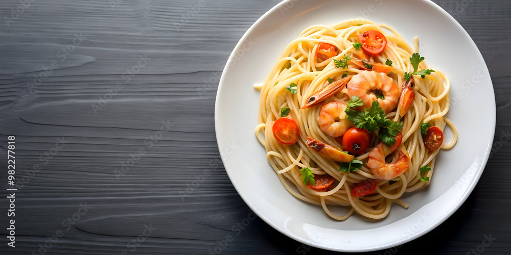 Spaghetti with shrimp dish on a white plate , pasta, food, Italian, seafood, tasty, delicious, dinner, homemade, cooking, gourmet Spaghetti with shrimp dish on a white plate , pasta, food, Italian, seafood, tasty, delicious, dinner, homemade, cooking, gourmet