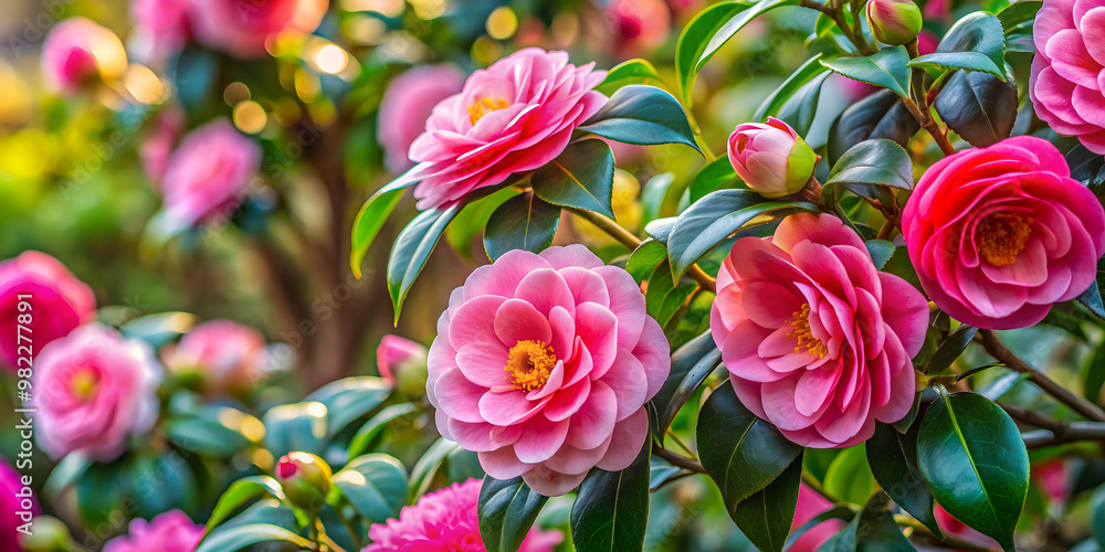 Vibrant and delicate camellia flowers blooming in a garden, camellia, flowers, blooming, vibrant, delicate, garden, petals, pink Vibrant and delicate camellia flowers blooming in a garden, camellia, flowers, blooming, vibrant, delicate, garden, petals, pink