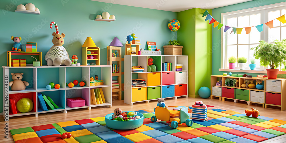 Photo of a colorful children's room filled with various toys and games, kids, playroom, stuffed animals, dolls, blocks Photo of a colorful children's room filled with various toys and games, kids, playroom, stuffed animals, dolls, blocks