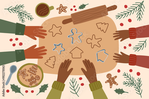 Christmas background. Family making Christmas cookies. Family concept. Sustainable Christmas.