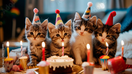 Group of cats celebrating a birthday with birthday cake and muffins