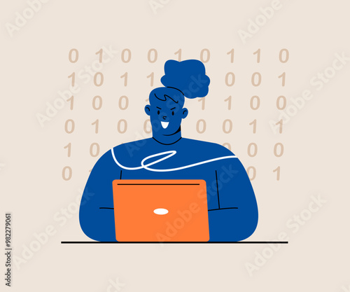 Hacker with laptop computer try to steal passwords. Hacker conceptual. Colorful vector illustration