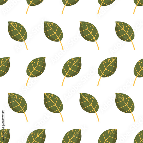 Repeating pattern of green stylized leaves of Ficus with yellow veins on white. Flat vector seamless background