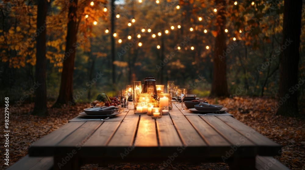 An autumn dinner table set outdoors under the trees, featuring warm lighting, candles, and seasonal dishes An autumn dinner table set outdoors under the trees, featuring warm lighting, candles, and seasonal dishes