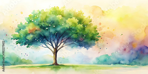 Watercolor of a tree with detailed background, tree, watercolor,background, nature, art, painting, leaves, branches