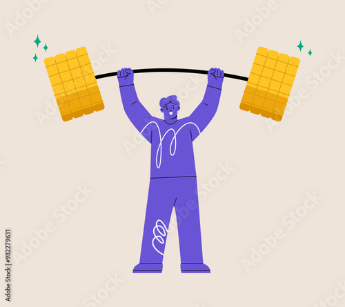 Fundraising concept. Confident man holding up big money coins. Colorful vector illustration