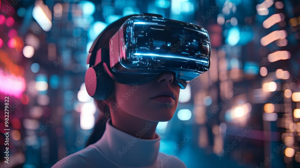 Woman Wearing a Virtual Reality Headset in a Futuristic Setting Woman Wearing a Virtual Reality Headset in a Futuristic Setting