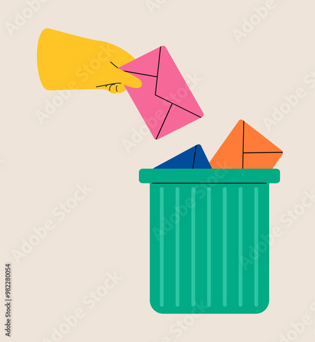 Deleting data and move unnecessary files to trash bin. Cleaning e-mail, remove spam. Colorful vector illustration