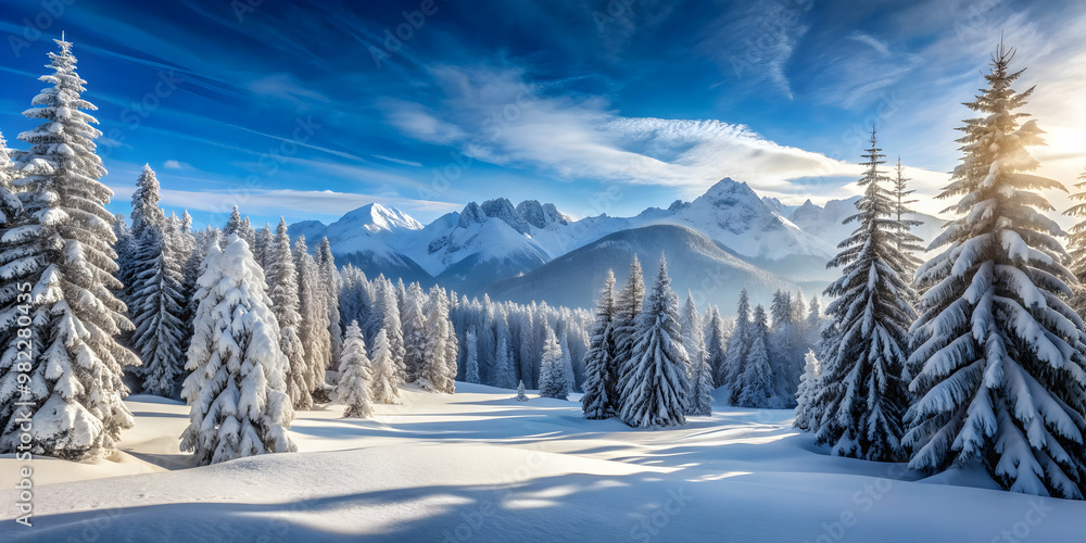 Fototapeta premium Snowy winter landscape panorama with snow-covered trees, mountains, and a peaceful ambiance, snowy, winter, landscape