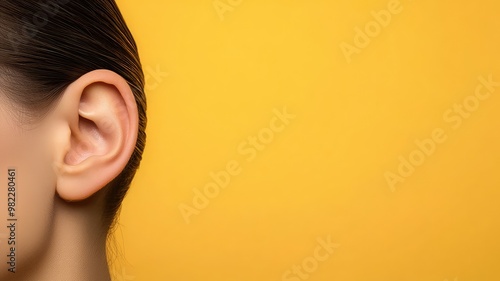 Close-up of woman's ear with yellow background