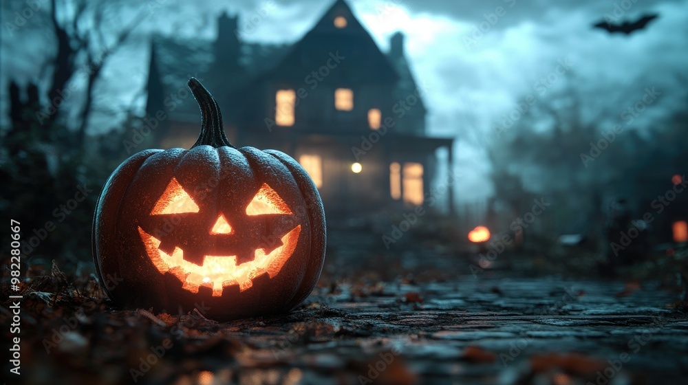 Halloween pumpkin with candlelight in front of a haunted house background, Halloween pumpkin with candlelight in front of a haunted house background,