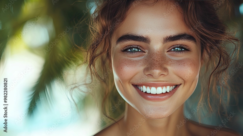 Close-up Portrait of a Smiling Woman with Freckles and Brown Hair Close-up Portrait of a Smiling Woman with Freckles and Brown Hair