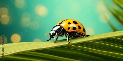 ladybug on green grass and yellow flower in nature background.