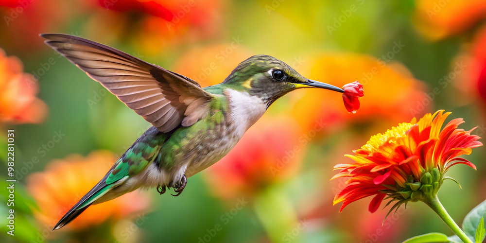Fototapeta premium Close-up of a hummingbird feeding on a vibrant flower, hummingbird, flower, close-up, feeding, vibrant, nature, wildlife