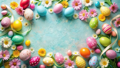 A whimsical Easter border features vibrant eggs, delicate flowers, and flowing ribbons on a gentle beige background,